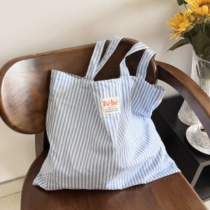 Homemade striped large-capacity eco-friendly bag, French casual and versatile, fresh thin cotton shoulder bag, hand-held shopping bag