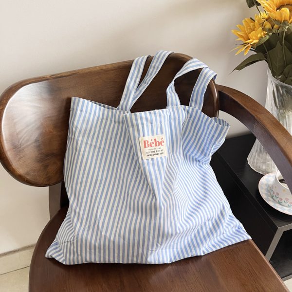 Homemade striped large-capacity eco-friendly bag, French casual and versatile, fresh thin cotton shoulder bag, hand-held shopping bag