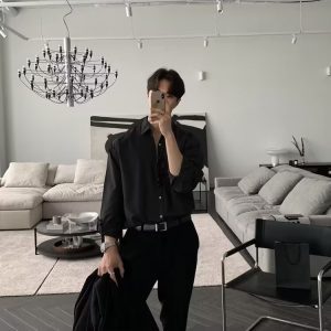 White Long Sleeve Shirt Men's New Korean Drape Top Loose Abstinence Lace Ice Silk Cool DK Solid Color Shirt