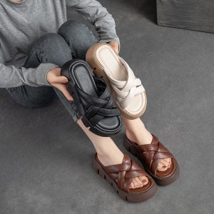 Shanghai Jiesu's new thick-soled top-layer cowhide woven sandals for the summer of 2022 is a casual fashion trend women's shoes