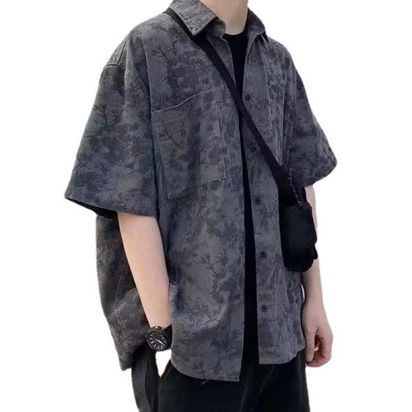 Tie-dye short-sleeved shirt men's 2023 summer American retro loose casual trend versatile high-quality ice silk shirt