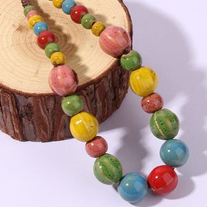 W846 Vintage ethnic style ceramic necklace women's long simple color beaded collarbone chain versatile floral glaze sweater chain