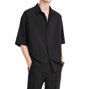 Ice silk shirt men's short-sleeved summer trendy brand trend men's casual jacket high-end sense of handsome five-quarter-sleeved black shirt