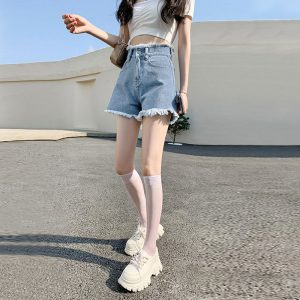 Raw edge fringed denim shorts for women small women, summer 2025 new thin high-waisted A-line loose wide-leg hot pants A