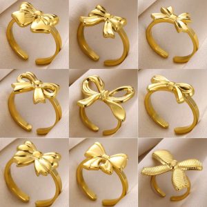 Cross-border AliExpress bow, light luxury, niche design, high-end sense of gold, titanium steel, non-fading rings, women's ins, tide