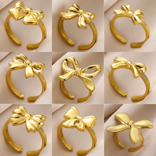Cross-border AliExpress bow, light luxury, niche design, high-end sense of gold, titanium steel, non-fading rings, women's ins, tide