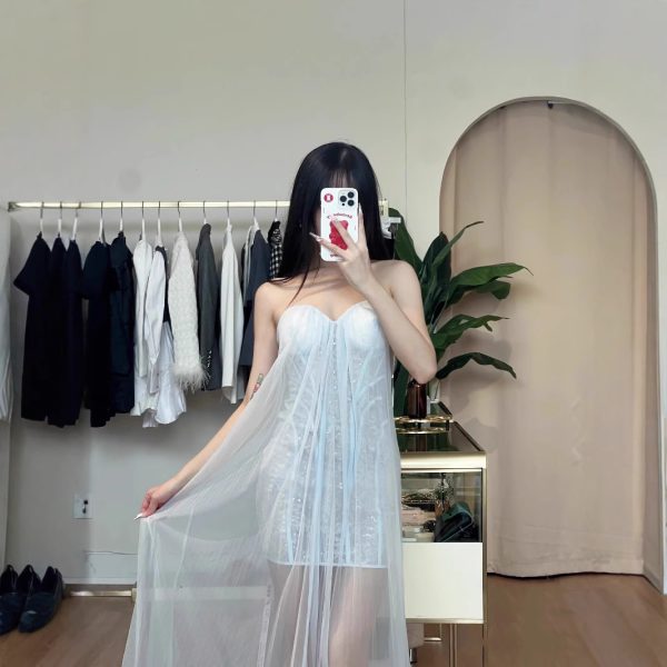 French high-end streamer see-through mesh patchwork bandeau dress women's resort style birthday banquet evening dress - Image 2