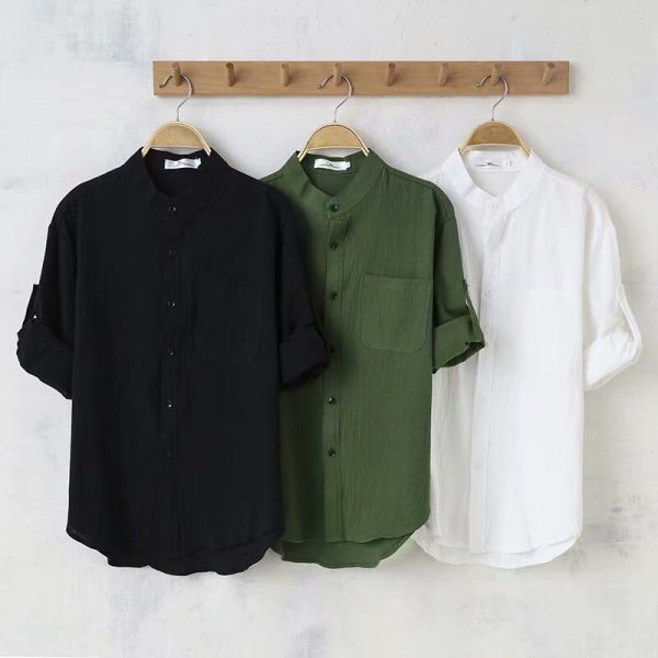 2023 summer new men's linen stand-up collar five-point mid-sleeve shirt tide men's cotton and linen loose large size casual shirt - Image 4