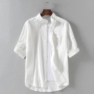 2023 summer new men's linen stand-up collar five-point mid-sleeve shirt tide men's cotton and linen loose large size casual shirt