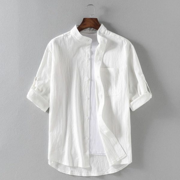 2023 summer new men's linen stand-up collar five-point mid-sleeve shirt tide men's cotton and linen loose large size casual shirt
