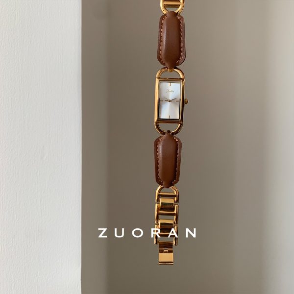 ZUORAN Maillard Brown Rectangular Leather Bracelet Style Exquisite Vintage Trend Women's Quartz Watch Live - Image 3
