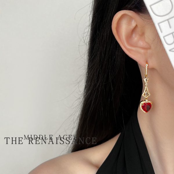 Burgundy ~ vintage medieval style red zircon earrings collection French retro Hong Kong style high-end earrings for women - Image 2