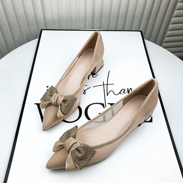 33601-111 Mesh High Heels Women's Summer 2024 New Black Professional Bow Hollow Thick Suit - Image 4