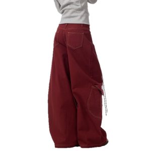 2025 spring autumn new year red jeans women's national tide deconstructed scimitar design loose mopping trousers tide