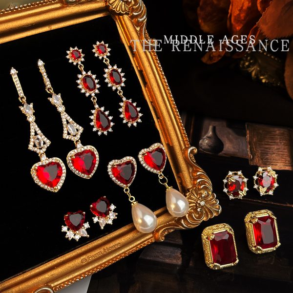 Burgundy ~ vintage medieval style red zircon earrings collection French retro Hong Kong style high-end earrings for women