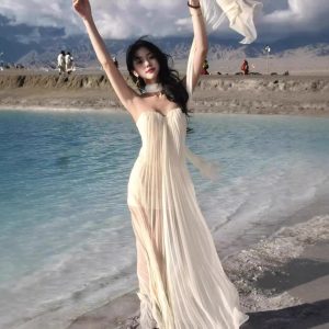 French high-end streamer see-through mesh patchwork bandeau dress women's resort style birthday banquet evening dress