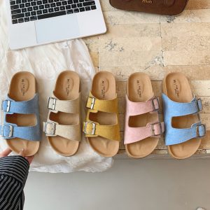 Belt buckle thick-soled Birkenstock slippers women's outer wear 2025 summer new one-foot flat round-toe nubuck women's shoes