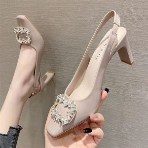 K88-A2 square toe patent leather single shoes women's Korean version rhinestone square buckle block heels toe back high heel sandals