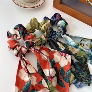 Korean Rose Scrunchie Green Oil Painting Headband 2024 New Large Intestine Streamer Ponytail Women's Hair Tie Retro Headband