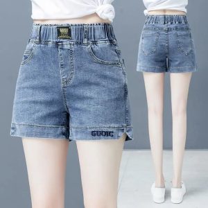 High-waisted denim shorts women's 2025 summer new Korean version of plus-size slimming elastic wide-leg pants with embroidered hot pants