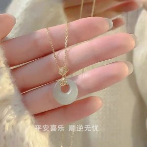 S999 sterling silver natural white chalcedony safety buckle necklace women's new Chinese style national ancient style niche high-end sense