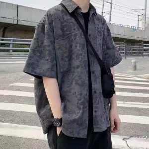 Tie-dye short-sleeved shirt men's 2023 summer American retro loose casual trend versatile high-quality ice silk shirt