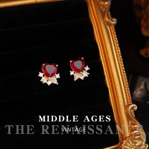 Burgundy ~ vintage medieval style red zircon earrings collection French retro Hong Kong style high-end earrings for women