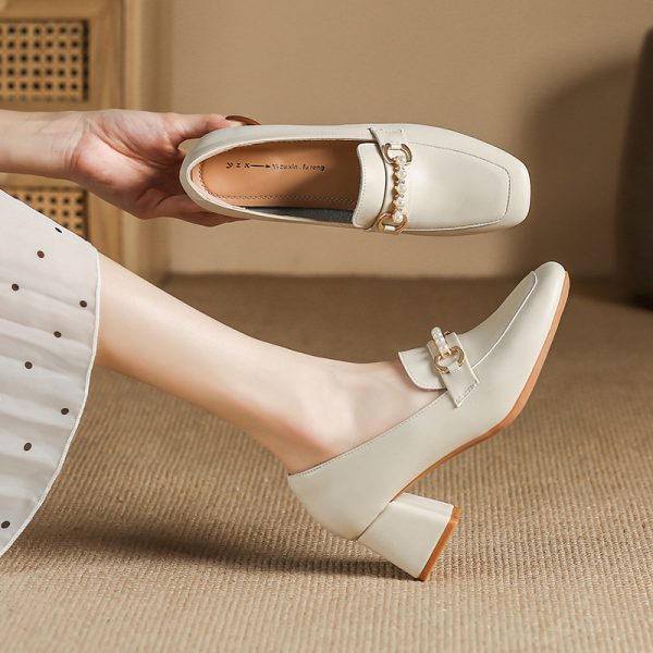 Simple office wear, soft pure leather single shoes, 6cm heel high spring and autumn square toe Mary pearl diamond women's shoes