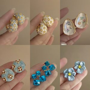 Embossed haze blue French retro drip glaze rose flower zircon earrings women's light luxury sense of luxury niche temperament
