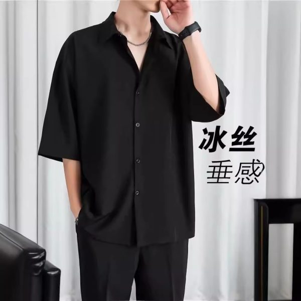 Summer trend brand thin loose casual ice silk shirt men's shirt short sleeve black Hong Kong style drape no-iron shirt