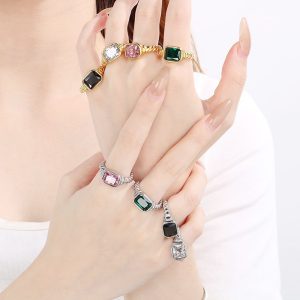 European and American cross-border stainless steel square glass rings, women's light luxury tide, European and American retro color rings, hand jewelry in stock