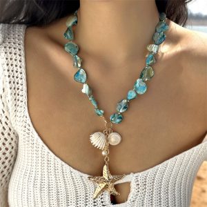 European and American cross-border new starfish shell beaded necklace imitation pearl beaded layered coarse gold necklace niche jewelry women