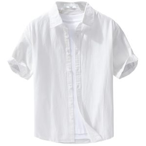 Men's simple and versatile short-sleeved shirt solid color button texture comfortable breathable fresh business casual cotton and linen shirt