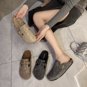 2025 spring new Baotou lazy semi-drag belt buckle leather rhinestone heelless slippers women's versatile