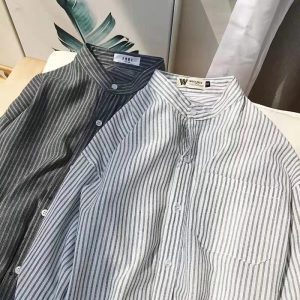 2022 Spring and Autumn New Stand Up Collar Striped Long Sleeve Shirt Men's Trendy Thin Shirt Student Casual Top Men's