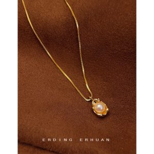 French fava bean freshwater pearl necklace plated 14K gold bowl pearl pendant niche fashion high-quality clavicle chain women