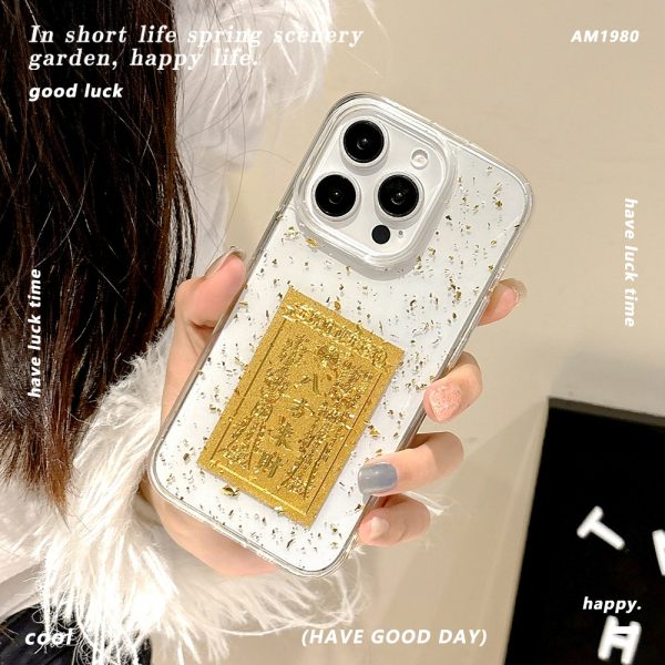 Suitable for iPhone16promax Risshin bucket gold foil epoxy rubber phone case Apple 15 transparent anti-drop protective case - Image 4