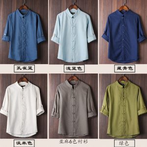 2025 cross-border men's foreign trade cropped sleeve shirt linen retro plus size shirt trendy men's linen shirt 9 colors