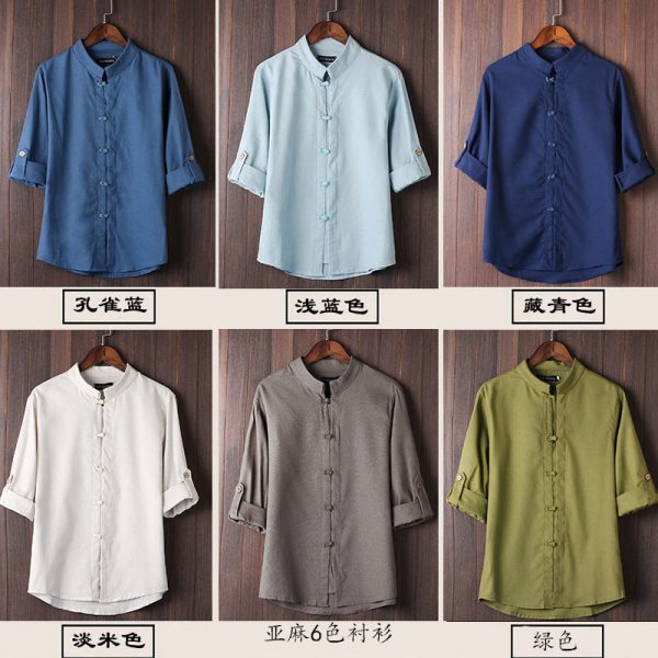 2025 cross-border men's foreign trade cropped sleeve shirt linen retro plus size shirt trendy men's linen shirt 9 colors