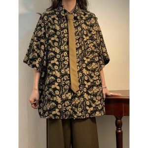 Vintage vintage baroque shirt men's American retro oversize design sense niche short-sleeved floral shirt