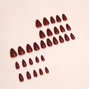 Burgundy fake nails, almond nails, water drop nails, solid color, pointed nails, nail patches, nail patches, foreign trade nails, 30 pieces