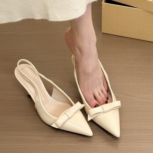 High Heel Sandals Women's 2025 Pointed Toe Shallow Bow Thin Heel Back Strap Patent Leather Niche Fashion Wear Sandals Women - Image 2