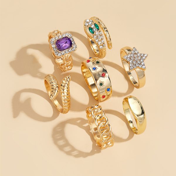 Cross-border hot sale exclusive for personalized alloy 7-piece set ring female star niche stacking set exaggerated opening ring - Image 2