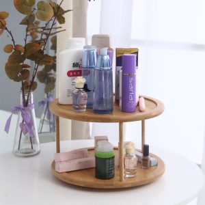 Bamboo double-layer shelf round cosmetic organizer rack kitchen countertop spice rack solid wood spice storage rack