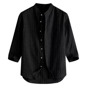 Korean version men's linen shirt stand-up collar cardigan loose casual breathable linen shirt youth three-quarter sleeve top men
