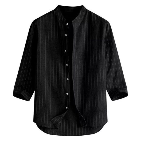 Korean version men's linen shirt stand-up collar cardigan loose casual breathable linen shirt youth three-quarter sleeve top men - Image 2