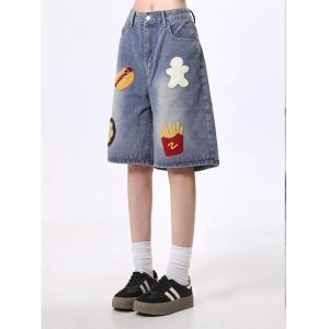 Cross border plus size denim shorts women's summer new creative fries towel embroidery loose wash distressed cropped pants 2