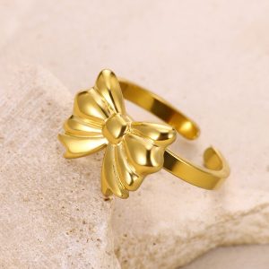 Cross-border AliExpress bow, light luxury, niche design, high-end sense of gold, titanium steel, non-fading rings, women's ins, tide