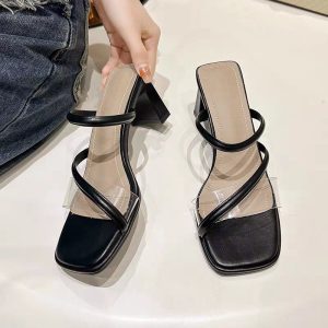 Doudouya slippers women's outerwear summer 2024 new Korean version trendy casual one-foot pedals versatile high-heeled thick-heeled women's shoes