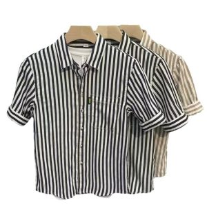 Summer new five-point short-sleeved shirt, men's trendy casual mid-sleeve striped youth shirt, fashionable thin base shirt